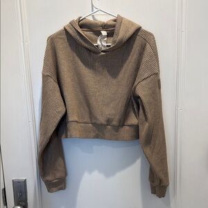 Alo Muse Sweatshirt Ribbed Cropped Hoodie in Tan